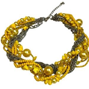 Vintage Yellow Necklace Twisted Layered Multi Strand Beaded